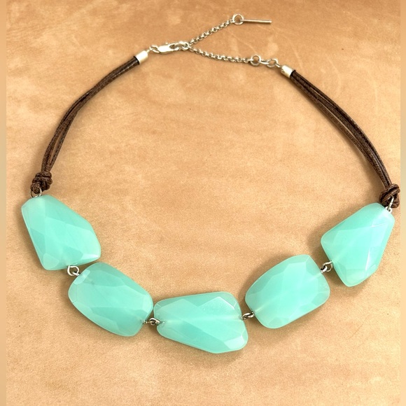 Kenneth Cole Aqua Sea Foam Stone Beads Brown Leather Cord Necklace Adjustable - Picture 4 of 11